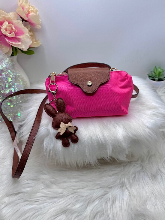 Handbags - Stella Pink Nylon Mini Crossbody Bag w/ Brown faux Leather Trim & Bunny Charm